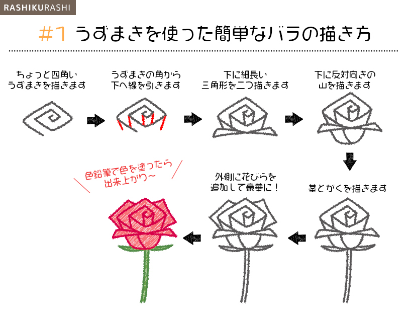 薔薇イラストの描き方 子供でも超簡単に描ける 色鉛筆を使った手描きのかわいい薔薇の描き方5パターンをご紹介 らしくらし