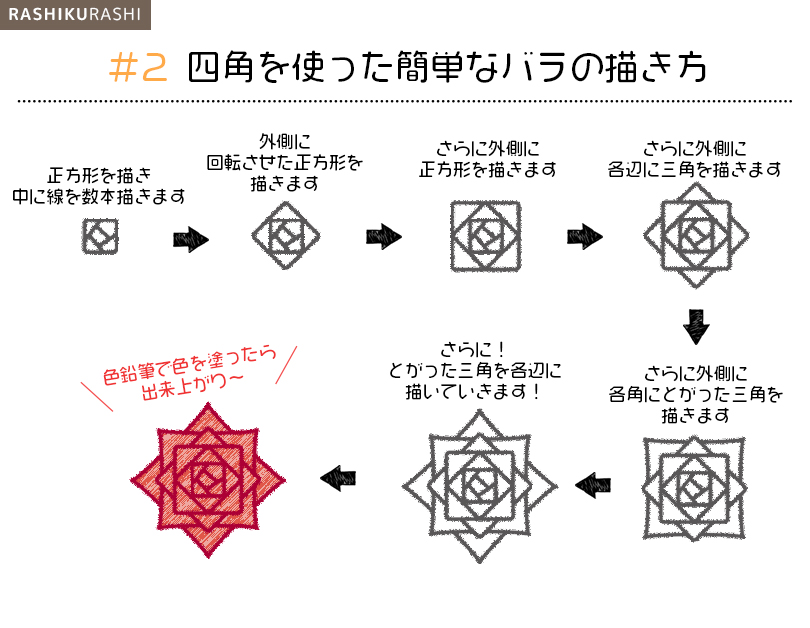 薔薇イラストの描き方 子供でも超簡単に描ける 色鉛筆を使った手描きのかわいい薔薇の描き方5パターンをご紹介 らしくらし