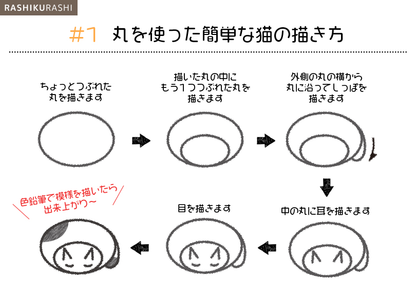 猫イラストの描き方 色鉛筆で猫を描こう 丸や数字を使った簡単な猫の描き方5パターンをご紹介 らしくらし